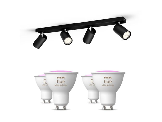 Close up of front of Kosipo Bar-Tube 4-spotlights Black + GU10 colored Bulbs