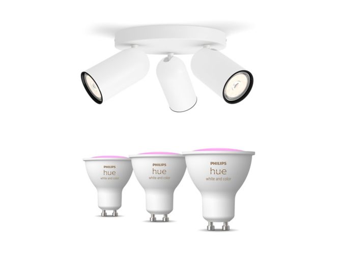 Close up of front of Pongee Plate 3-spotlights White + GU10 colored LED Bulbs