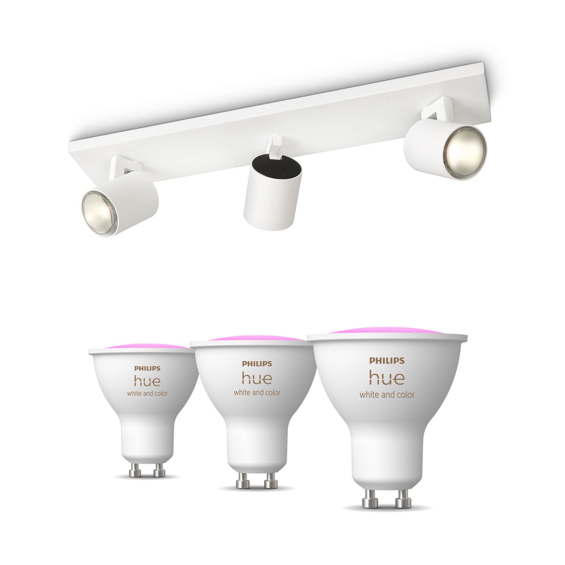 Philips Runner Bar-Tube 3-spotlights White + GU10 colored Bulbs
