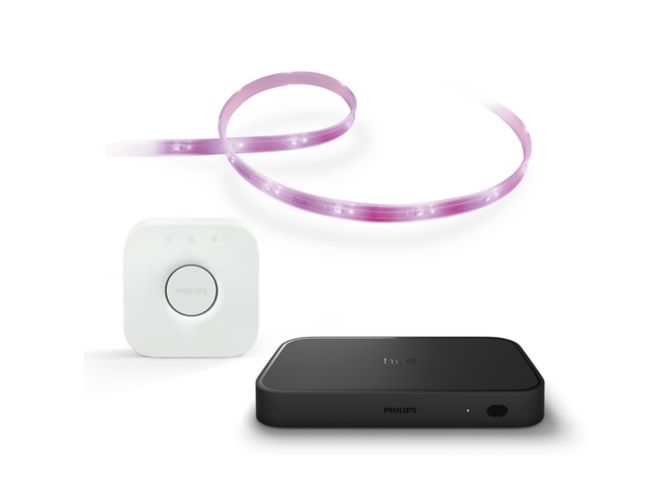 Close up of front of Bundle: Resilience bundle: Lightstrip Plus + Hue sync box 8K + Bridge