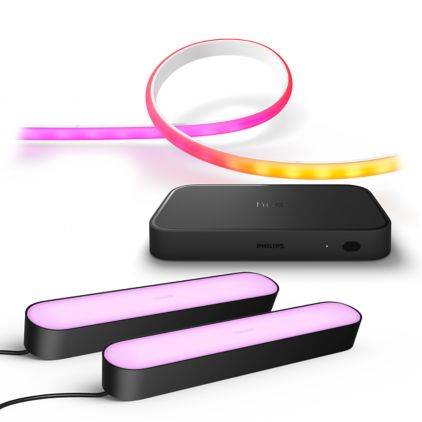 Close-up van de voorkant van Bundel: Gradient lightstrip + Hue Sync Box 8K + 2-pack Play bar zwart