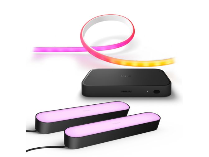 Close up of front of Bundle: Gradient lightstrip + Hue sync box 8K + 2-pack Play bar black