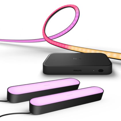 Close-up van de voorkant van Bundel: 2-pack Play bar zwart + Play gradient lightstrip 75" + Hue Sync Box 8K