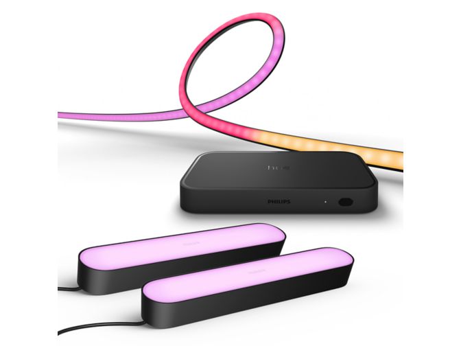 Close up of front of Bundle: 2-pack Play bar black + Play gradient lightstrip 65" + Hue sync box 8K