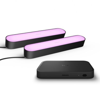 Close-up van de voorkant van Bundel: Hue Sync Box 8K + 2-pack Play bar zwart