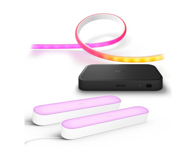 Close up of front of Bundle: Gradient lightstrip 2m + 2-pack Play bar white + Hue sync box 8K