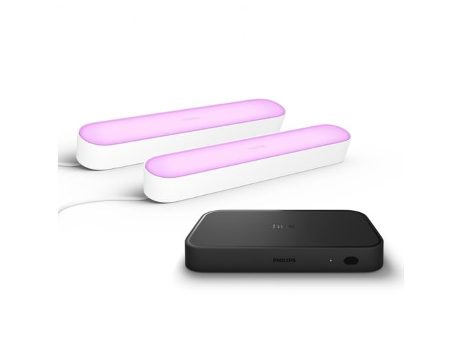 Close up of front of Bundle: 2-pack Play bar white + Hue sync box 8K