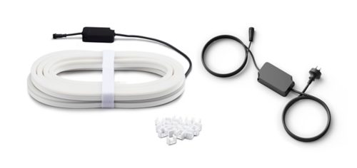 Coiled outdoor lightstrip with black power adapter, black cable, and a collection of white mounting clips on a white background.