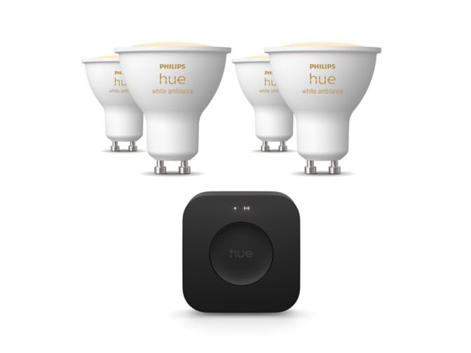 Close up of front of 4 GU10 White ambiance bulbs + Bridge Pro