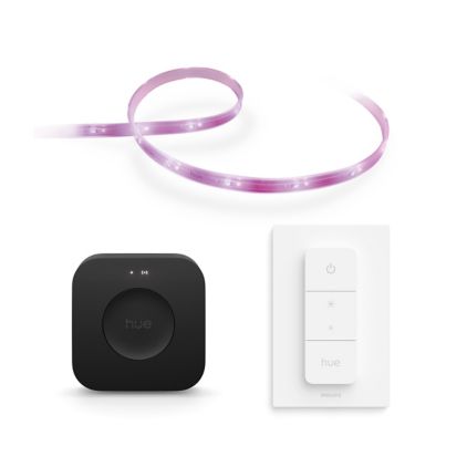 Close up of front of Endurance bundle: Lightstrip Plus + Dimmer switch + Bridge Pro