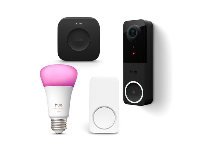 Gros plan de l’avant de Hue Wired video doorbell + Smart Chime + Bridge Pro + AmpoulesA19 E26 White and color ambiance