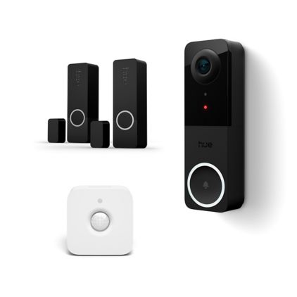 Close up of front of Hue Wired video doorbell + indoor motion sensor + 2 contact sensors in black