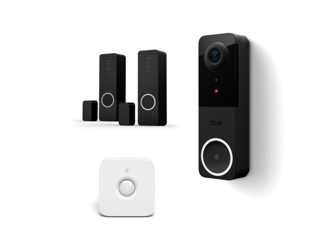 Close up of front of Hue Wired video doorbell + indoor motion sensor + 2 contact sensors in black