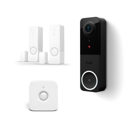 Close up of front of Hue Wired video doorbell + indoor motion sensor + 2 contact sensors in white