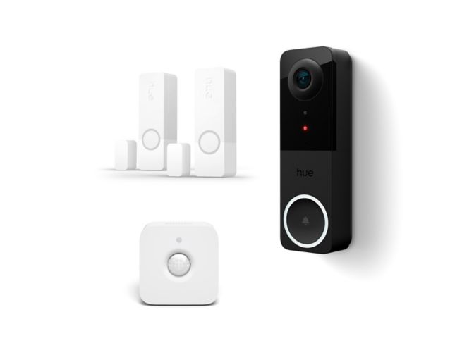 Close up of front of Hue Wired video doorbell + indoor motion sensor + 2 contact sensors in white