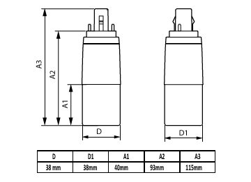 Dimension Drawing (with table) - LED PLC 6.5W 830 2P G24d CN