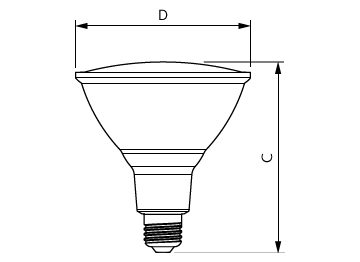 Dimension Drawing (with table) - 13.5PAR38/PER/GREEN/G/E26/ND/ULW 3/1PF
