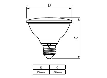 Dimension Drawing (with table) - MAS LEDspot VLE D 9.5-75W 927 PAR30S 25D