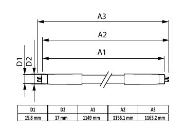 Dimension Drawing (with table) - MAS LEDtube 1200mm HE 13.3W 830 WV T5 TW