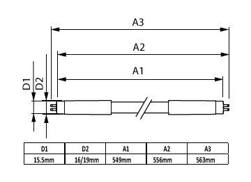 Dimension Drawing (with table) - MAS LEDtube HF 600mm HO 10.5W 830 T5