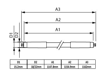 Dimension Drawing (with table) - MAS LEDtube Spectrum 1200mm 2000lm T5