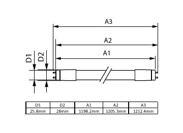 Dimension Drawing (with table) - MAS LEDtube Spectrum 1200mm 20W