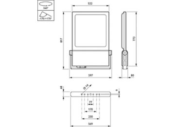Dimension Drawing (without table) - BVP651 LED750-4S/740 DM10 ALU PSU