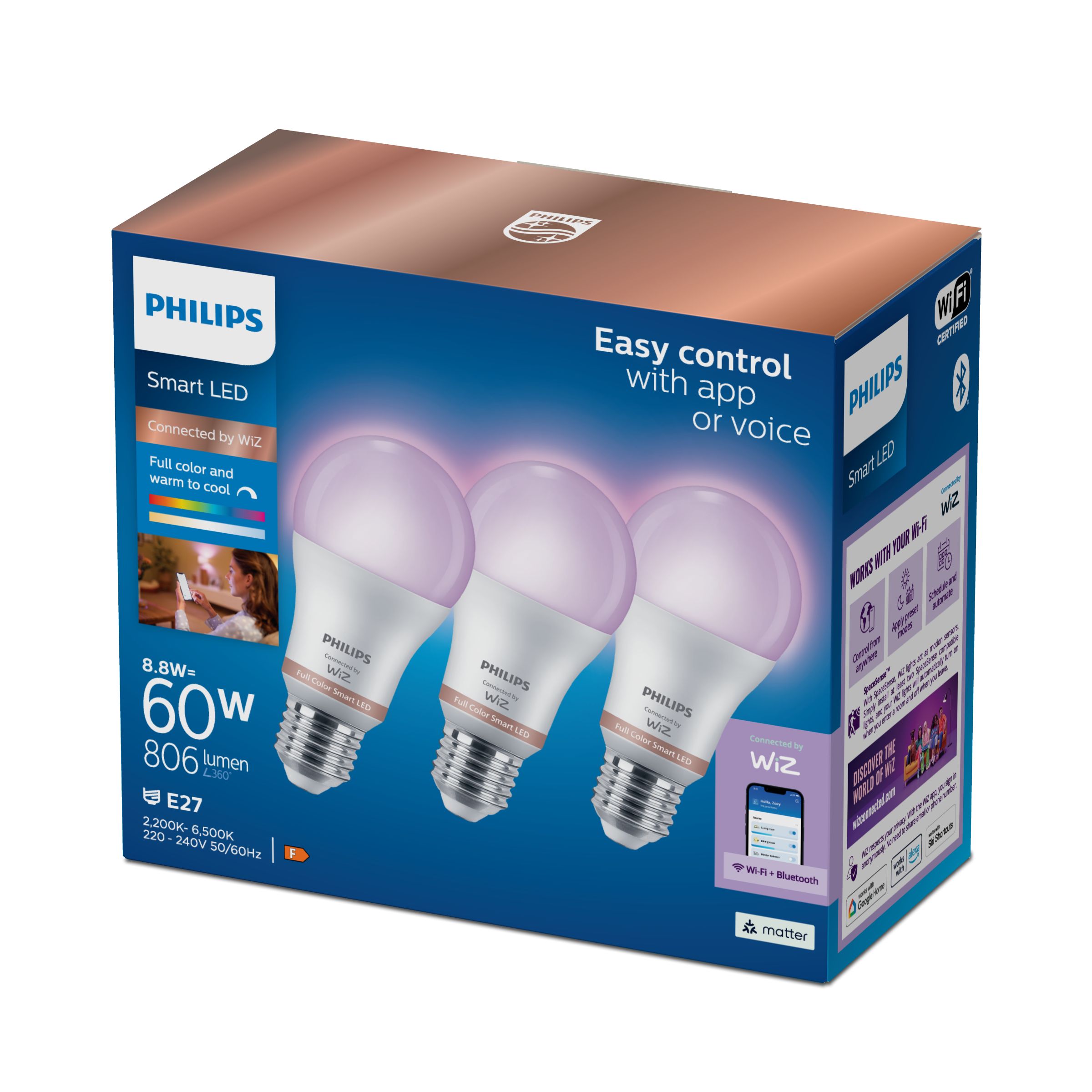 Ampoules LED Philips E27 60W équivalent - Pack De 3, Blanc Chaud, économie D'énergie - 9