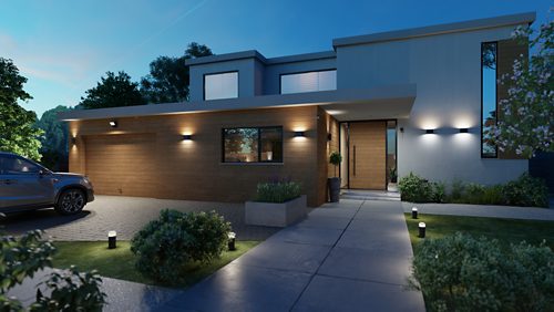 Black rectangular wall lights mounted on exterior walls, casting upward and downward beams onto the house facade and entryway.