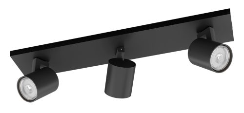 Black tube-shaped ceiling spotlight bar with three adjustable cylindrical light fixtures and a matte finish.