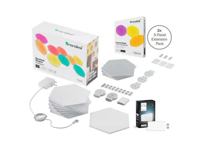 Gros plan de l'avant de Wall panel hexagon starter set (15 panels) + Philips Hue wall light module
