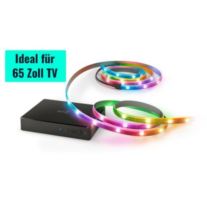 Nahaufnahme der Vorderseite von HDMI Sync Box mit TV-Hintergrundbeleuchtung für TVs von 55"–65"