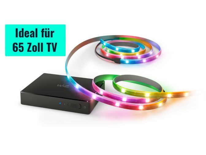 Nahaufnahme der Vorderseite von HDMI Sync Box mit TV-Hintergrundbeleuchtung für TVs von 55"–65"