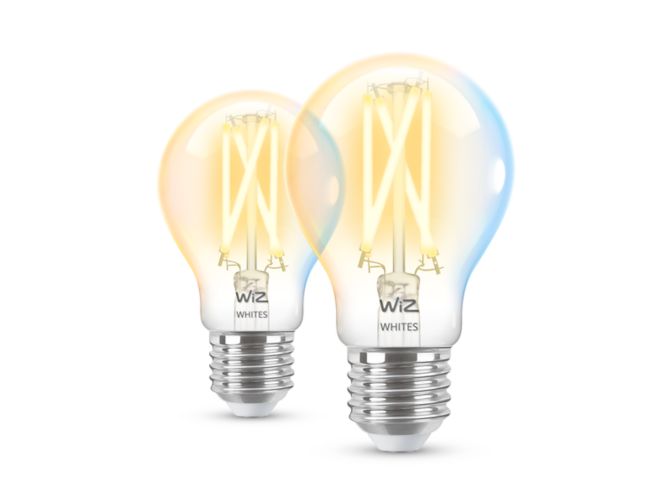 Nahaufnahme der Vorderseite von Filament-Lampe, transparent, 60 W A60 E27 x2