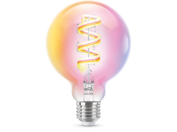 Nahaufnahme der Vorderseite von Filament-Lampe in Kugelform, transparent, 40 W G95 E27