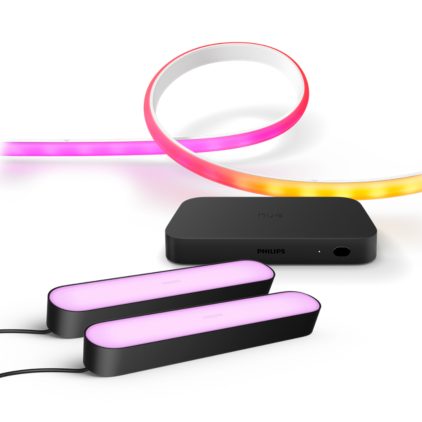 Close up of front of Bundle: Hue sync box + 2x Play light bars + Ambiance gradient lightstrip (80")