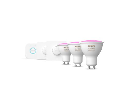 Hue White and Color Ambiance Kit de démarrage : 3 spots connectés GU10 + bouton connecté