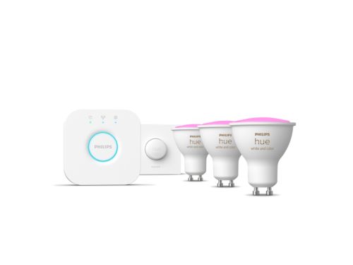 Hue cu ambianță albă și color Kit de bază: 3 spoturi luminoase inteligente GU10 + buton inteligent