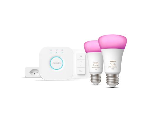 Hue White & Color Ambiance Starter-Set: E27 Lampe A60 Doppelpack - 1100lm + Dimmschalter + Smart Plug