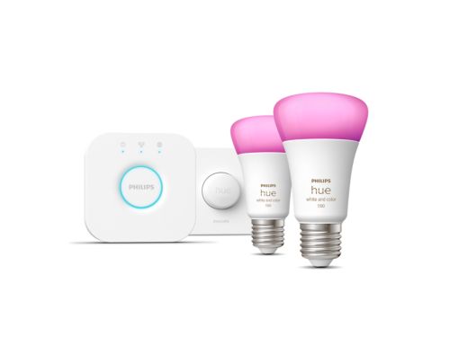 Hue White & Color Ambiance Starter-Set: E27 Lampe A60 Doppelpack - 1100lm + Smart Button