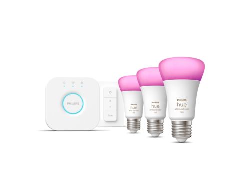 Hue White & Color Ambiance Starter-Set: E27 Lampe A60 Dreierpack - 1100lm + Dimmschalter