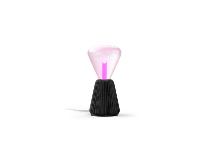 Close up of front of Lightguide triangle + cone table lamp (black)