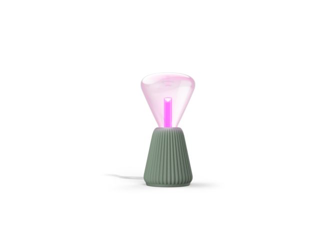 Close up of front of Lightguide triangle + cone table lamp (sage)
