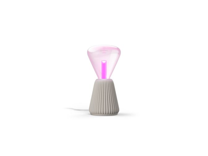Close up of front of Lightguide triangle + cone table lamp (sand)