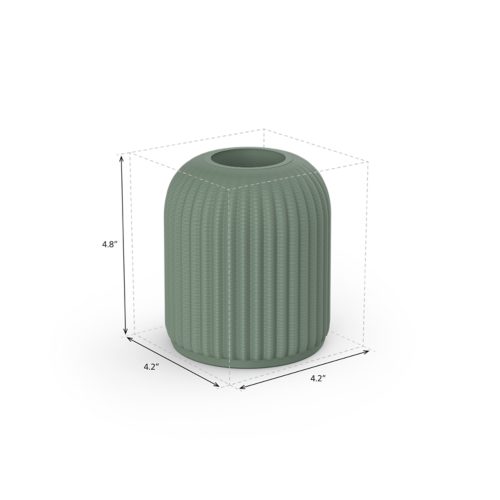 Sage green dome-shaped table lamp base with ribbed texture, matte finish, compact design, and dimensions labeled in inches.